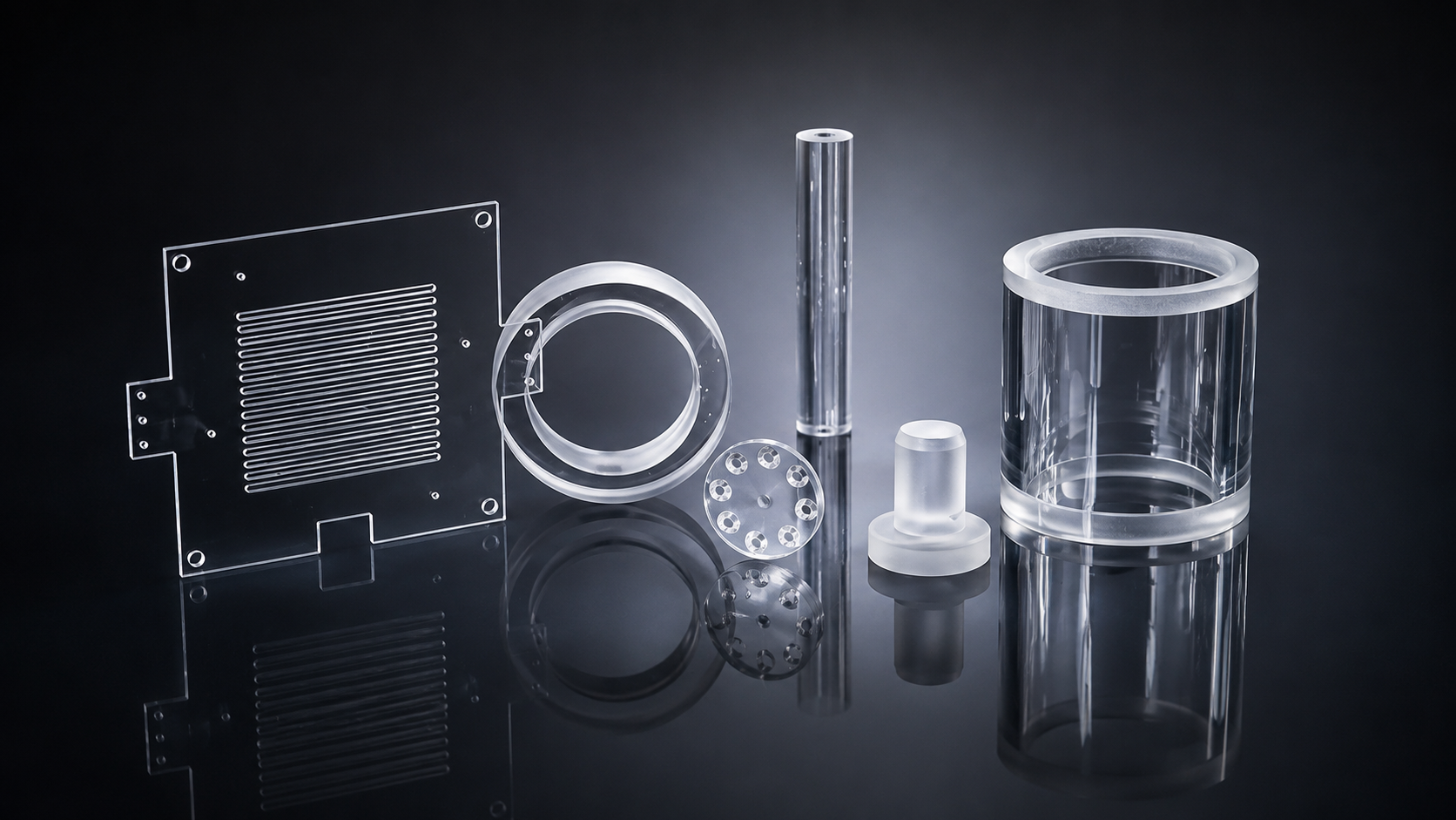Custom fused quartz component with machined bore, flange and functional surfaces