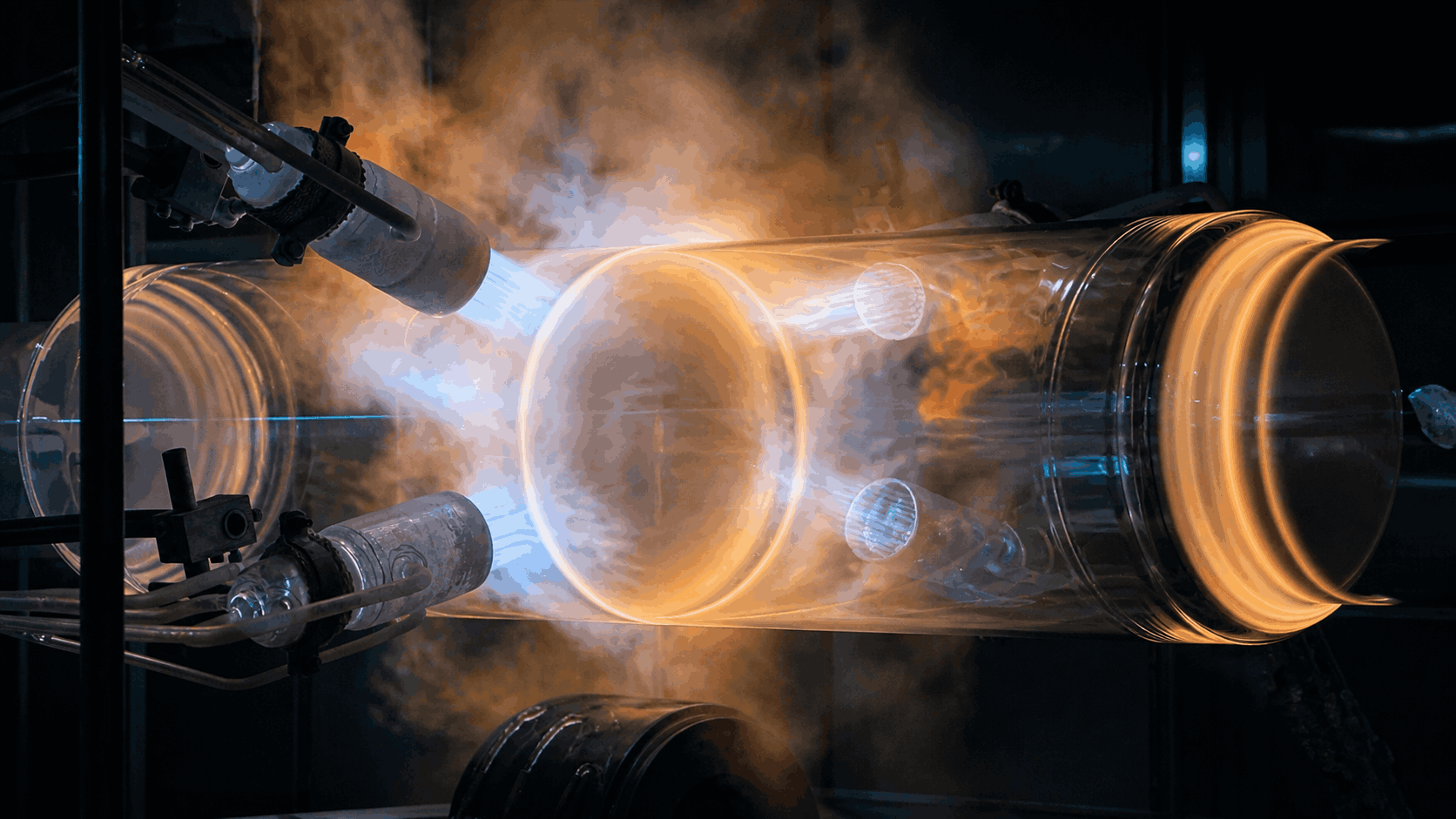 Oxyhydrogen quartz burner heating a fused quartz component during flame working