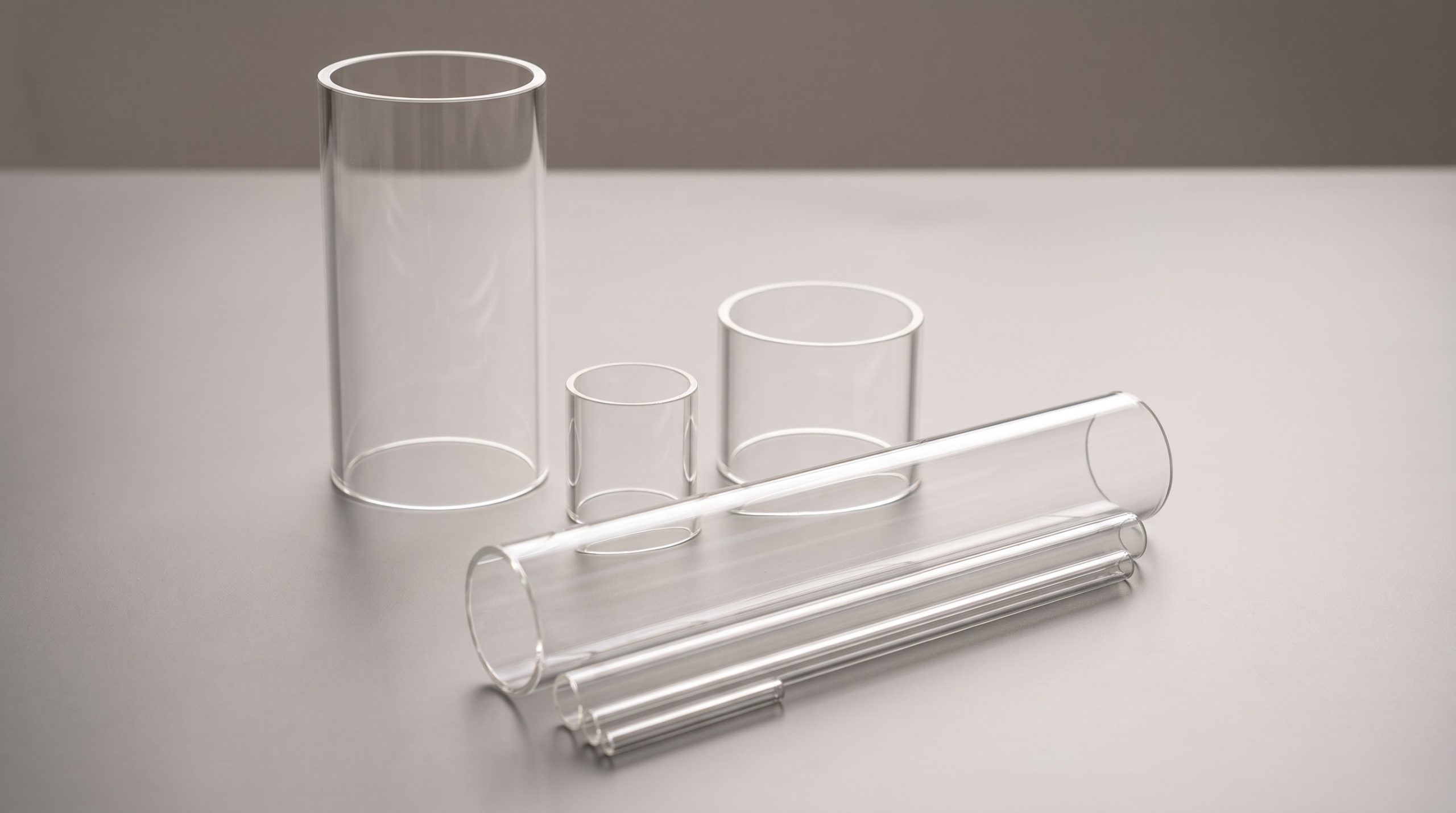 Small batch of custom fused quartz tubes and laboratory glass components arranged for inspection